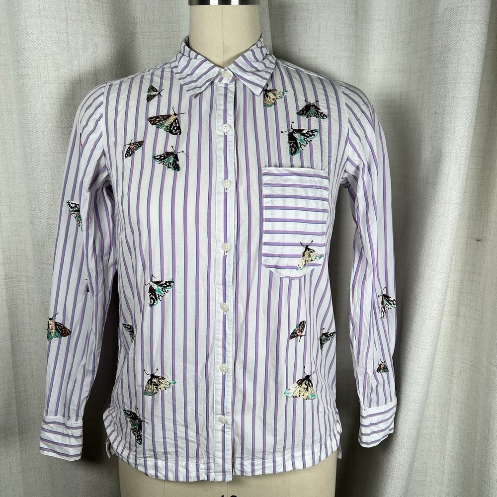 Maeve Anthropologie Deco Striped Butterfly Moth Embroidered Button Down XXS